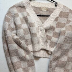 Altar'd State Cream and Tan Checkered Cardigan